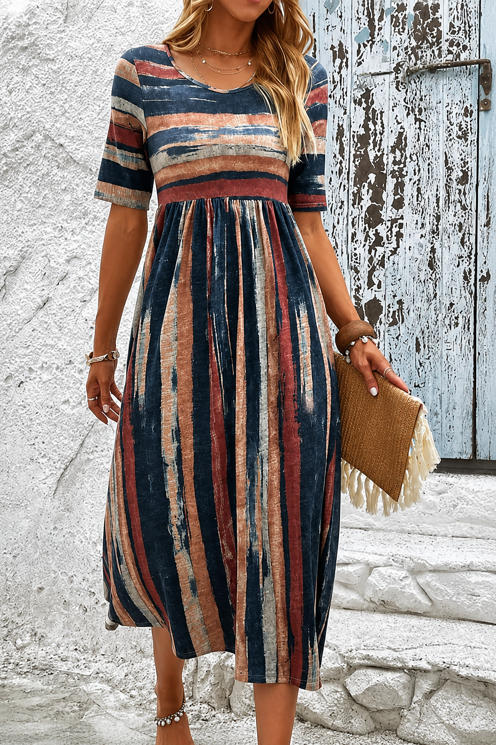 María™ | Vestido midi a rayas que cubre el abdomen