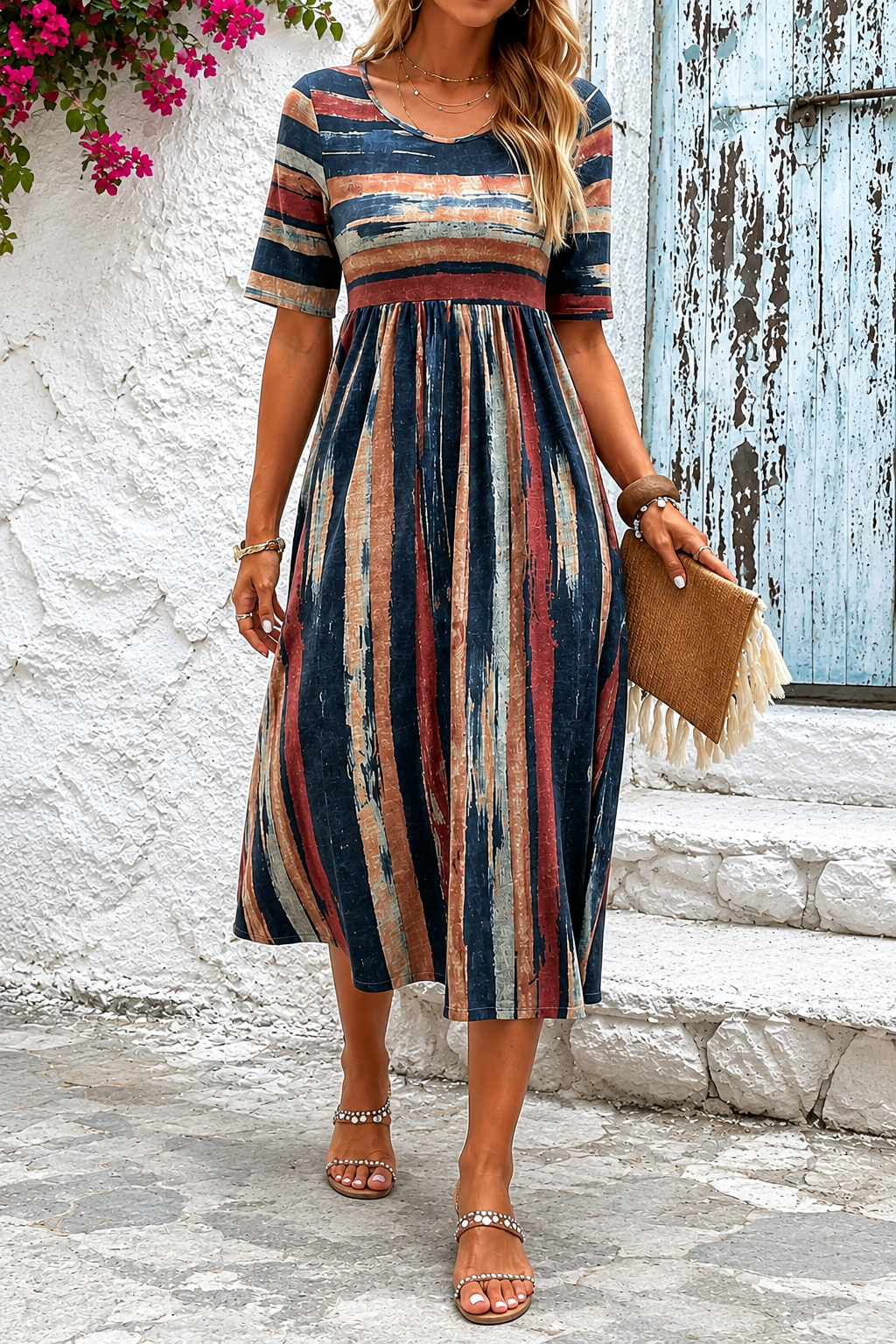 María™ | Vestido midi a rayas que cubre el abdomen