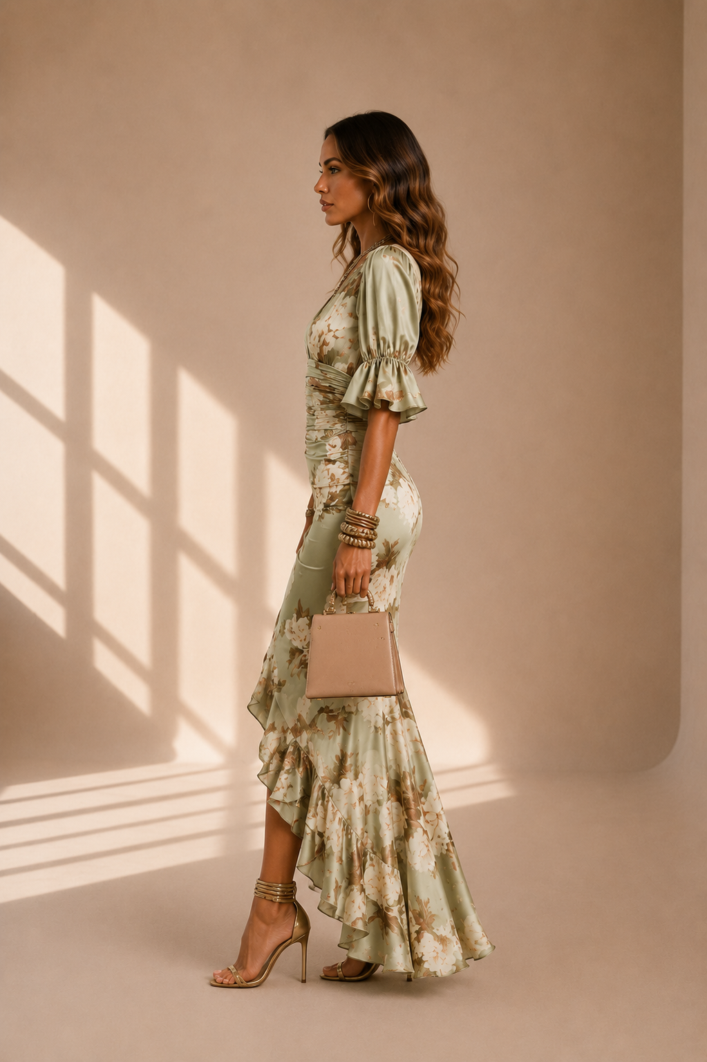 Lucía | Vestido largo asimétrico de satén con estampado floral